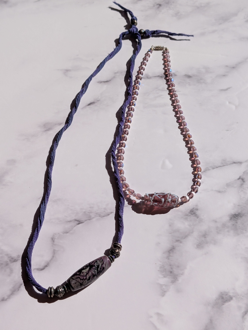 2 Purple Boho Art Glass Beaded Necklaces